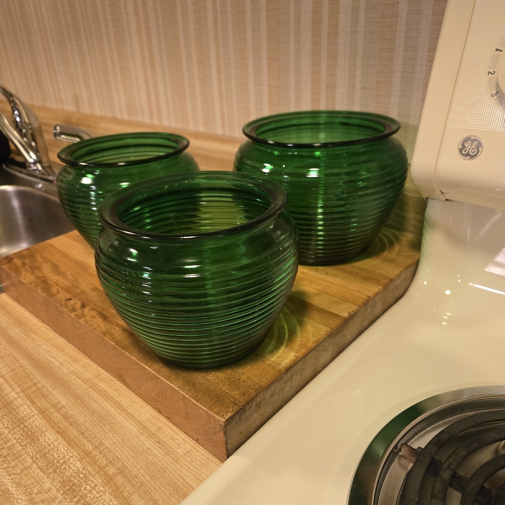 3 vintage National Potteries Cleveland Ohio green glass vases